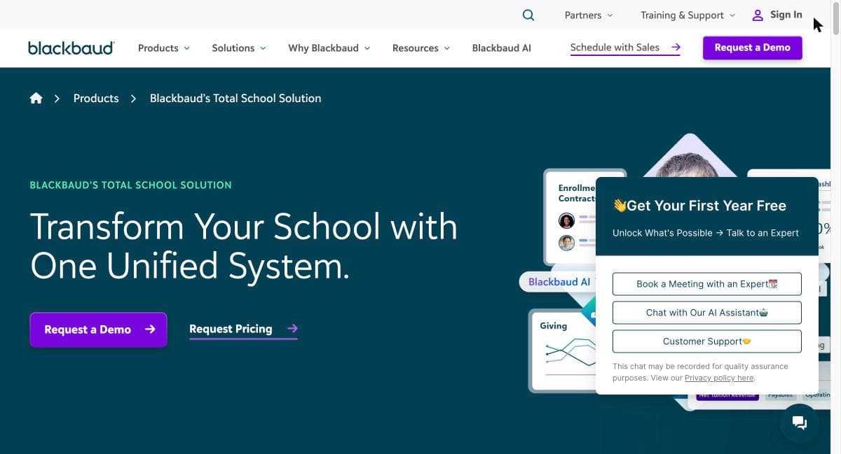 Screenshot of Blackbaud's Total School Solution hero showing 'Get Your First Year Free on K-12 Products' banner and a Request Pricing link, with a connected dashboard mockup showing Enrollment, Giving, and General Ledger cards