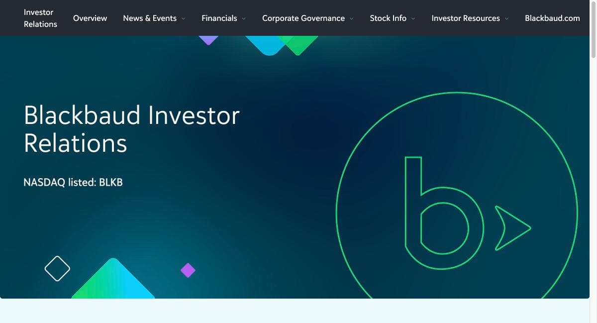 Screenshot of Blackbaud Investor Relations homepage showing NASDAQ listed: BLKB