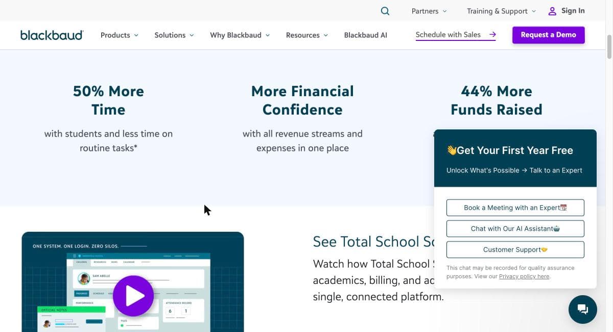 Screenshot of Blackbaud's Total School Solution page: One System. One Login. Zero Silos, with 50% More Time, More Financial Confidence, and 44% More Funds Raised stats