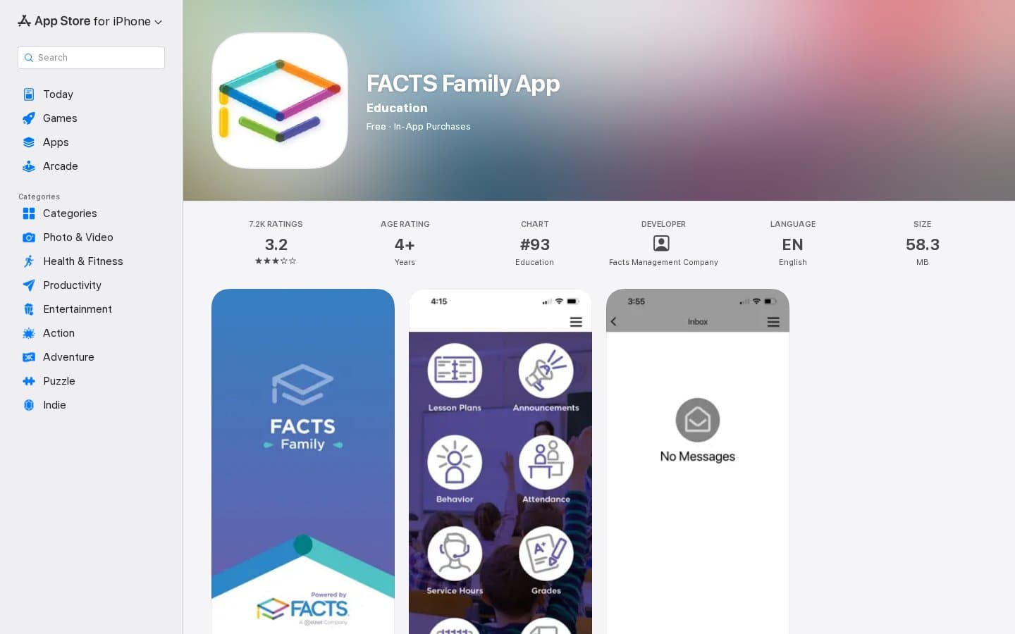 Screenshot of FACTS Family App on the Apple App Store showing $4.99 annual family subscription