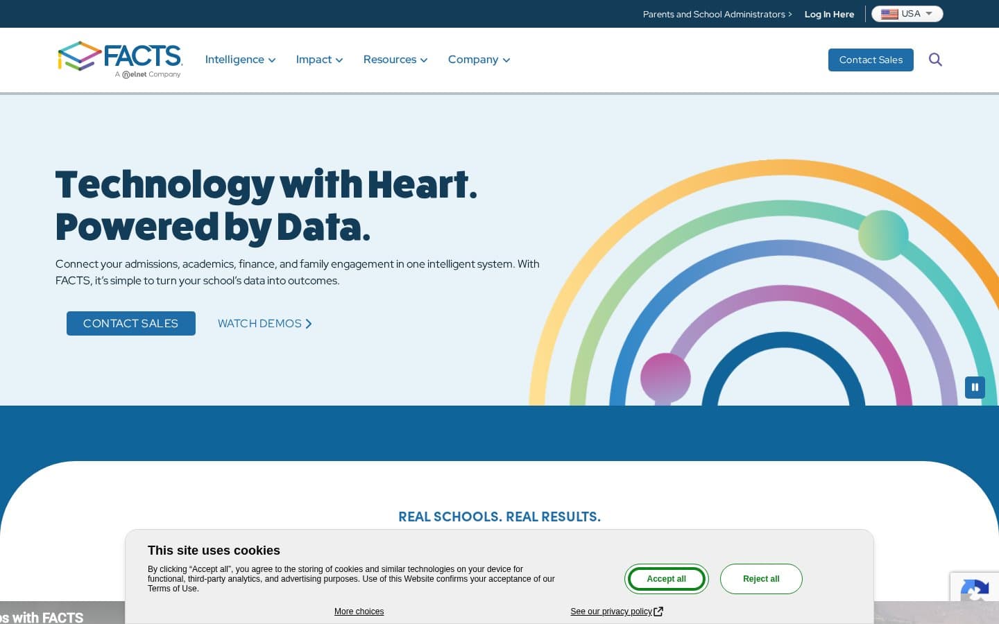 Screenshot of FACTS Management homepage: Technology with Heart. Powered by Data.