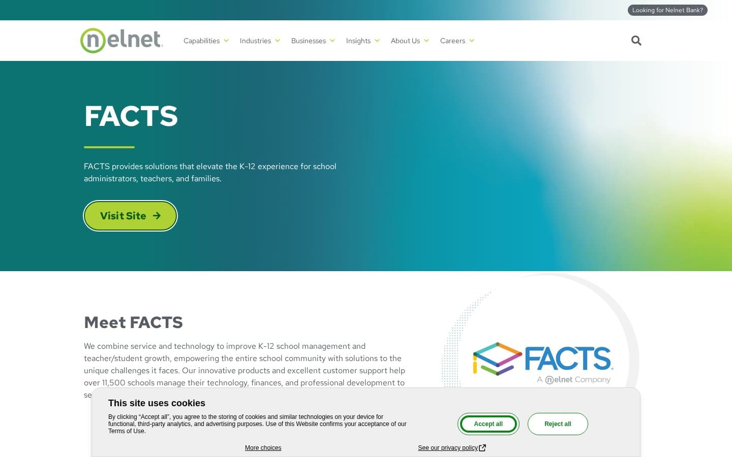 Screenshot of Nelnet Inc. page describing FACTS as a Nelnet business