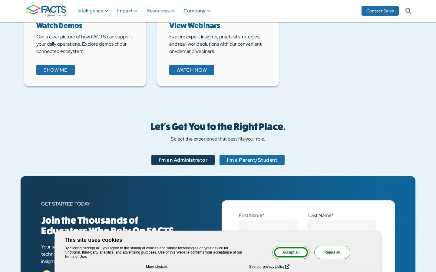 Screenshot of FACTS site showing 40+ years, 15K+ schools, 2M+ families and Contact Sales