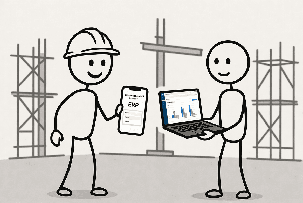 Stick figures sharing stickmanhq systems — a phone tool on the job site and a laptop dashboard in the office