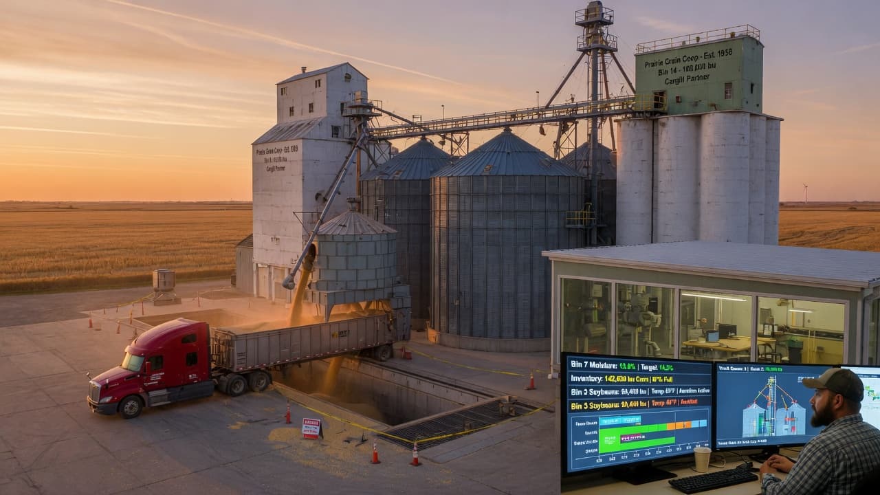 Grain elevator digital twin with bins and control overlays